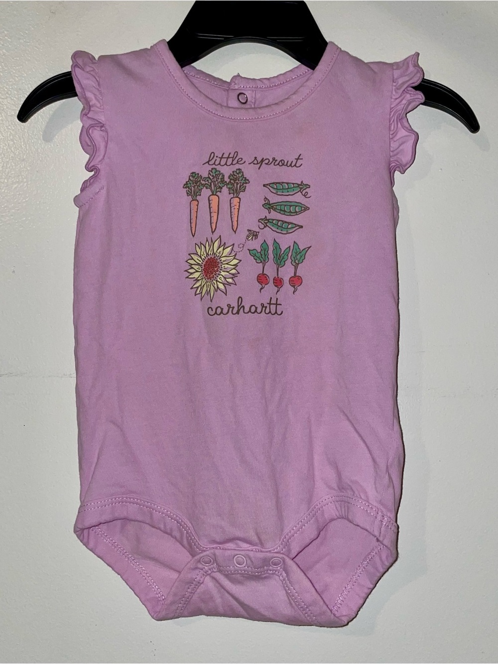 Carhartt Pink Ruffle-Sleeve Baby Onesie with Garden Graphic